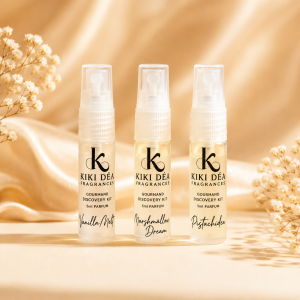 Gourmand Discovery Kit by Kiki Déa Fragrances featuring Vanilla Melt, Marshmallow Dream and Pistachidea 5ml parfum sprays.